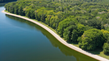 Lush green forest meeting sandy shore of serene lake in aerial view