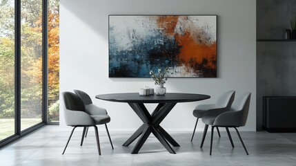 Dining room with table, chairs, art, plant.