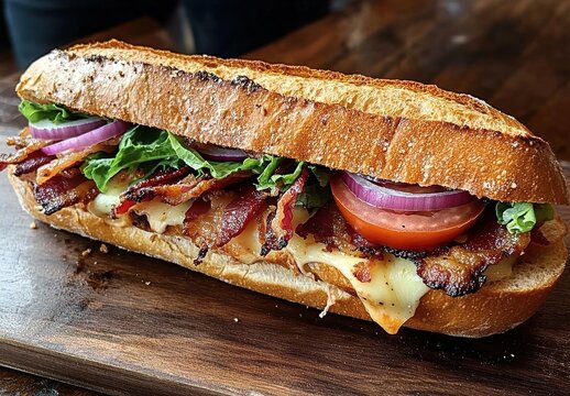 A large baguette sandwich with lettuce, tomato, and cheese sits on the table
