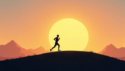 Silhouette of a runner in motion against a large sun and mountains for fitness motivation