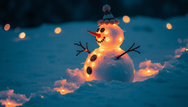 A Snowman With A Light Inside His Body