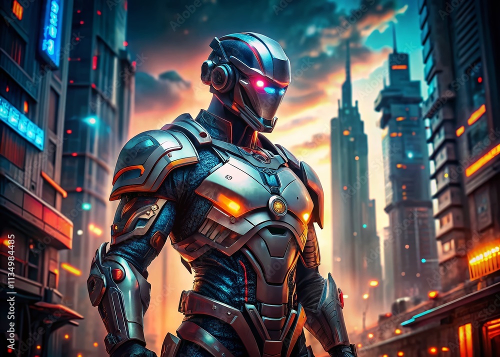 Poster futuristic robot cyborg warrior in battle armor with high-tech features and glowing elements, perfec