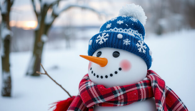 Snowman Wear A Blue Hat And A Red Scarf