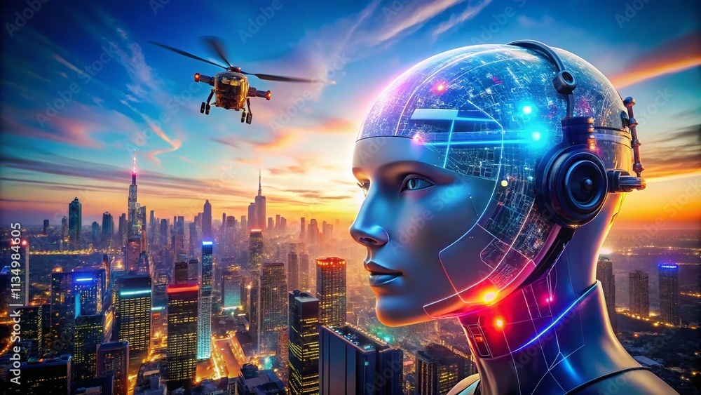 Poster futuristic robotic head with glowing elements showcasing the integration of technology in modern soc