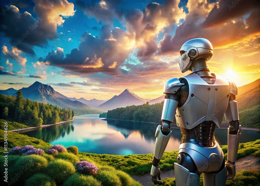 Poster futuristic robot showcasing advanced technology with sleek design and digital interfaces, symbolizin