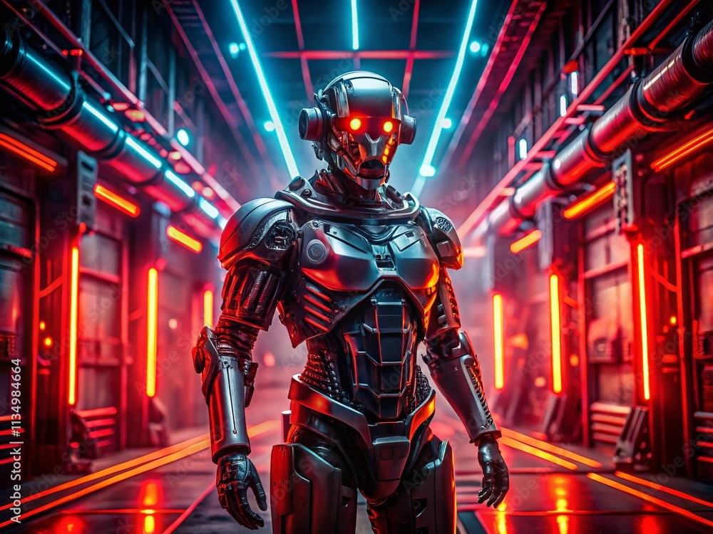 Poster futuristic robot in a dark environment with glowing neon red lights creating a sci-fi fantasy atmosp