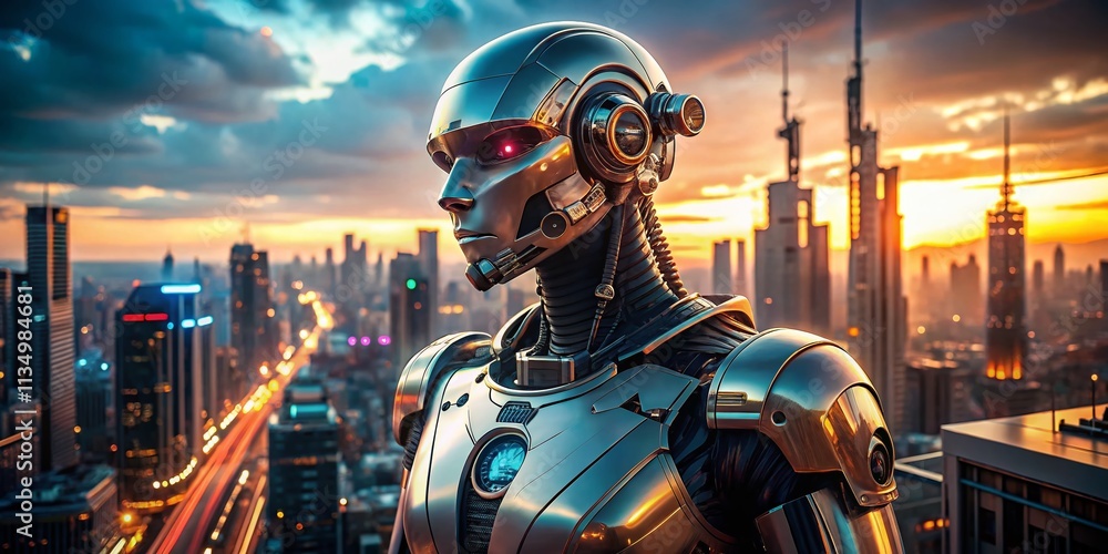 Aufkleber futuristic robot portrait captured by drone photography: an innovative perspective on advanced techn