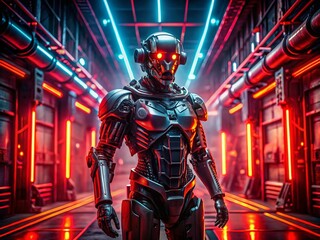 Fototapeta premium Futuristic Robot in a Dark Environment with Glowing Neon Red Lights Creating a Sci-Fi Fantasy Atmosphere Perfect for Low Light Photography and Digital Art Projects