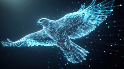 Naklejka premium A futuristic hawk icon glowing with aerial data, symbolizing online bird of prey platforms, wildlife tracking tools, and conservation initiatives. 