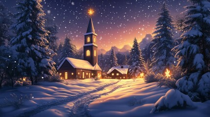 Fototapeta premium Snow falling on christmas village church at twilight
