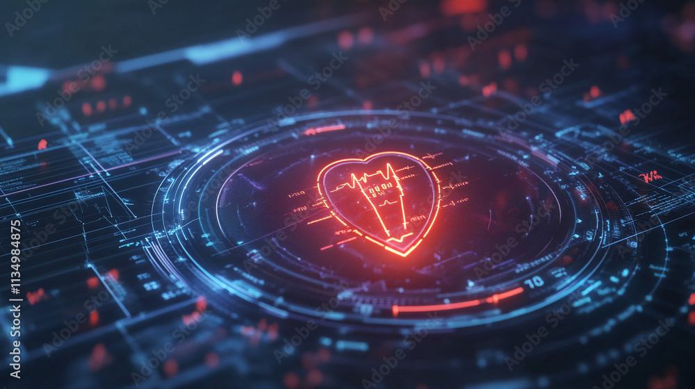 Poster a futuristic health monitoring icon linked to performance data, symbolizing online platforms for ath
