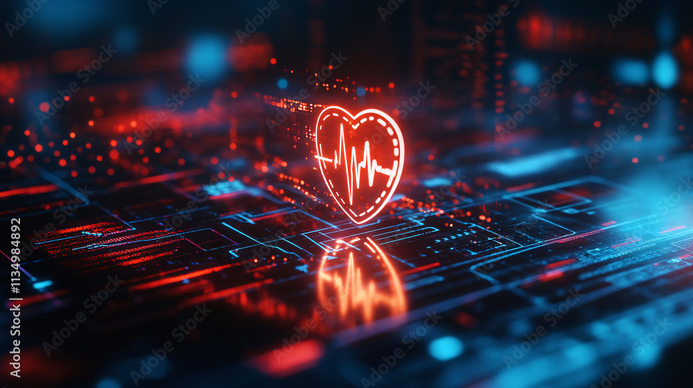 Poster a futuristic health monitoring icon linked to performance data, symbolizing online platforms for ath