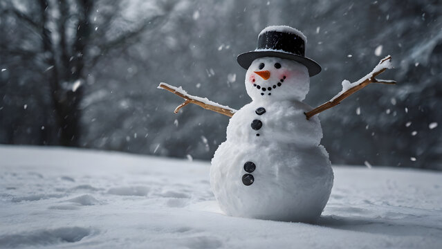 Snowman With A Black Hat In Light Snowfalling