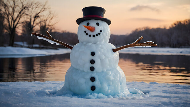 Snowman With A Lake River In The Back Landscape