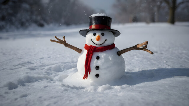 Snowman With Long Hat And Red Scarf