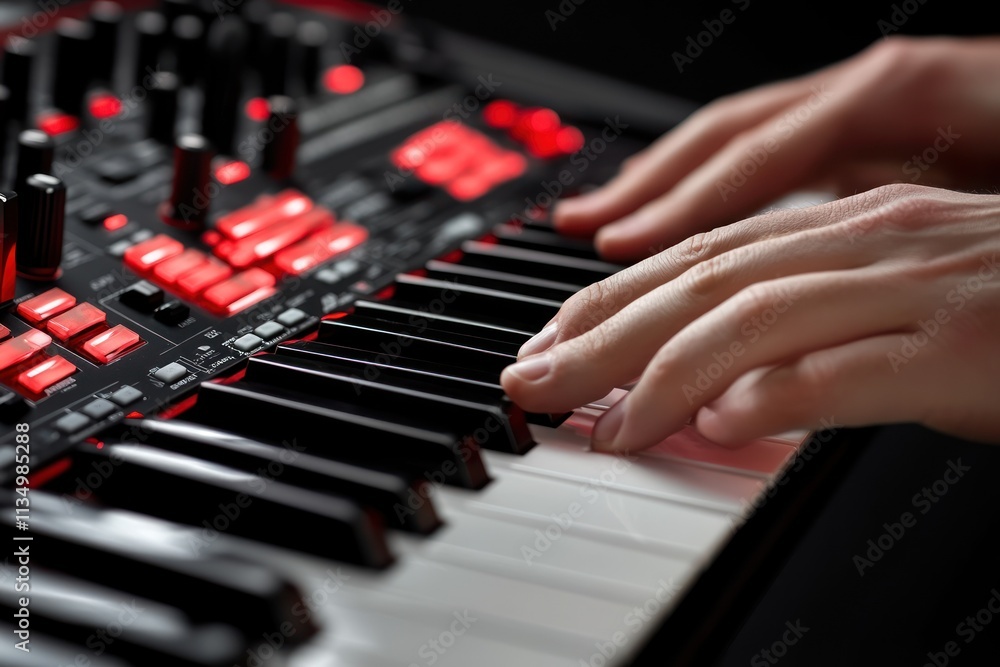 Poster close-up of hands playing a keyboard with red lights.