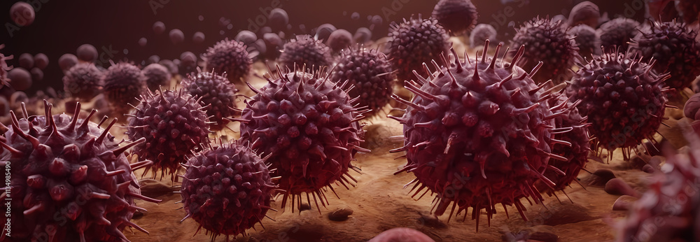Poster microscopic view of virus cells: a detailed microscopic rendering showcases a dense cluster of virus