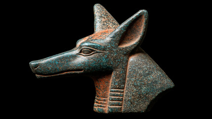 Fototapeta premium Ancient Egyptian Anubis Statue: Close-up view of Anubis, the jackal-headed god of the dead in ancient Egyptian mythology, rendered in a detailed bronze sculpture against a black background. 