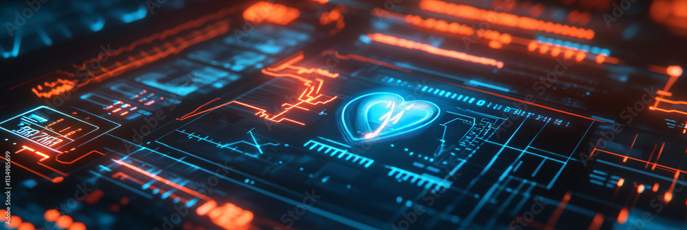 Poster a futuristic health monitoring icon linked to performance data, symbolizing online platforms for ath