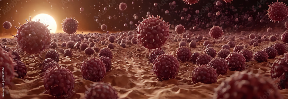 Poster cellular invasion: a microscopic view of numerous cells under a bright light source, creating a dram