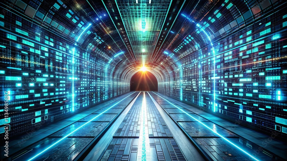 Poster futuristic technology tunnel with glowing computer code projected on the walls, invoking a sense of 