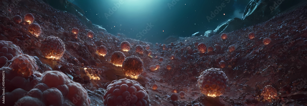 Poster bio-luminescent dreamscape: a mesmerizing digital landscape filled with vibrant, glowing spheres pul
