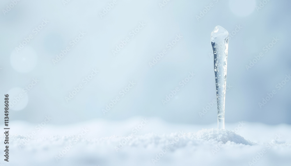 Poster icicle close-up with minimalistic style standing on fresh snow in winter