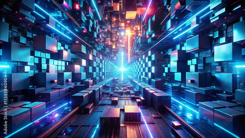 Poster futuristic urban exploration in cyberspace: a 3d journey through neon glows and holograms in a hi-te