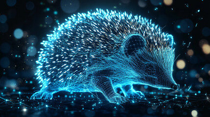 A futuristic hedgehog icon glowing with habitat data, symbolizing online wildlife rescue platforms, ecological studies, and digital education tools. 