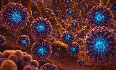 Microscopic World: A close-up, digital illustration depicting a microscopic world teeming with spherical cells. The image features intricate details and vibrant hues.