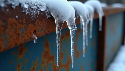 Icicle close-up with rustic charm hanging from rusty metal in winter