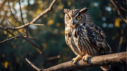 Obraz premium Majestic Owl at Dusk: A striking image of a brown and white owl perched on a tree branch at dusk, its golden eyes piercing the soft light.