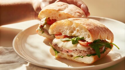 Juicy Burger with Brie Cheese, Arugula, and Tomatoes