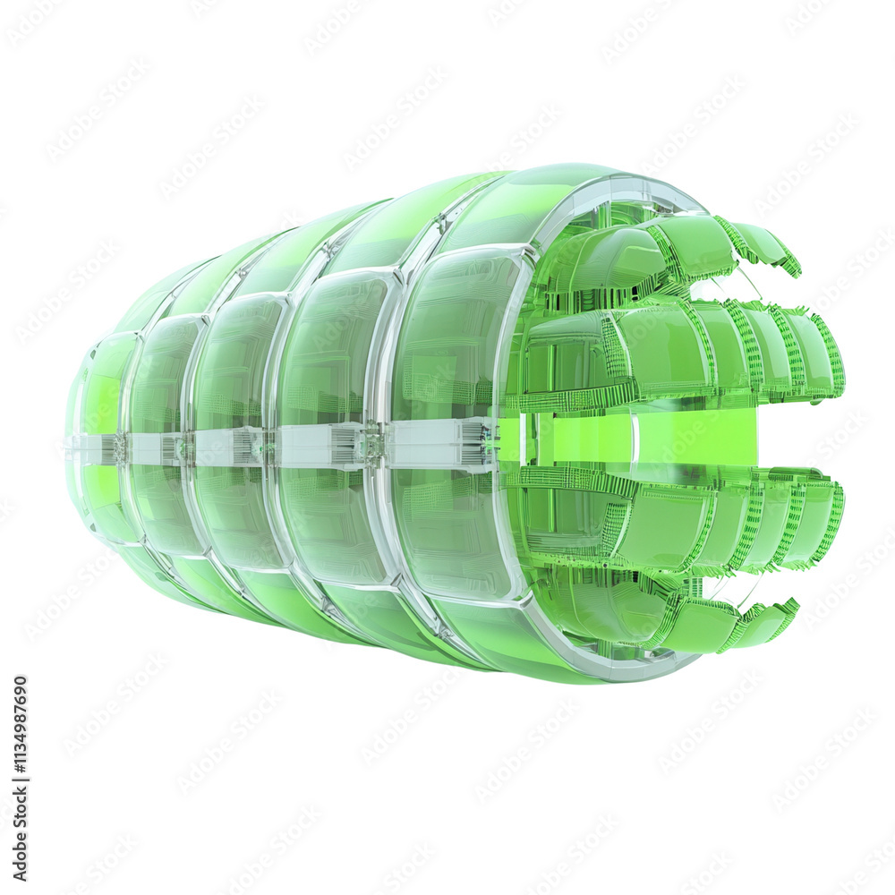 Poster a futuristic, green, cylindrical object with a segmented design, resembling advanced technology or a