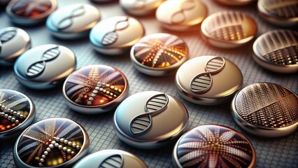 Obraz premium Glossy Dotted DNA Helix Button in Four Variants for Modern Fashion Photography and Innovative Designs