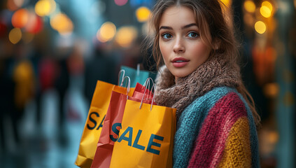 A woman enjoys shopping in a busy city area. Happy Shopper with Colorful Bags