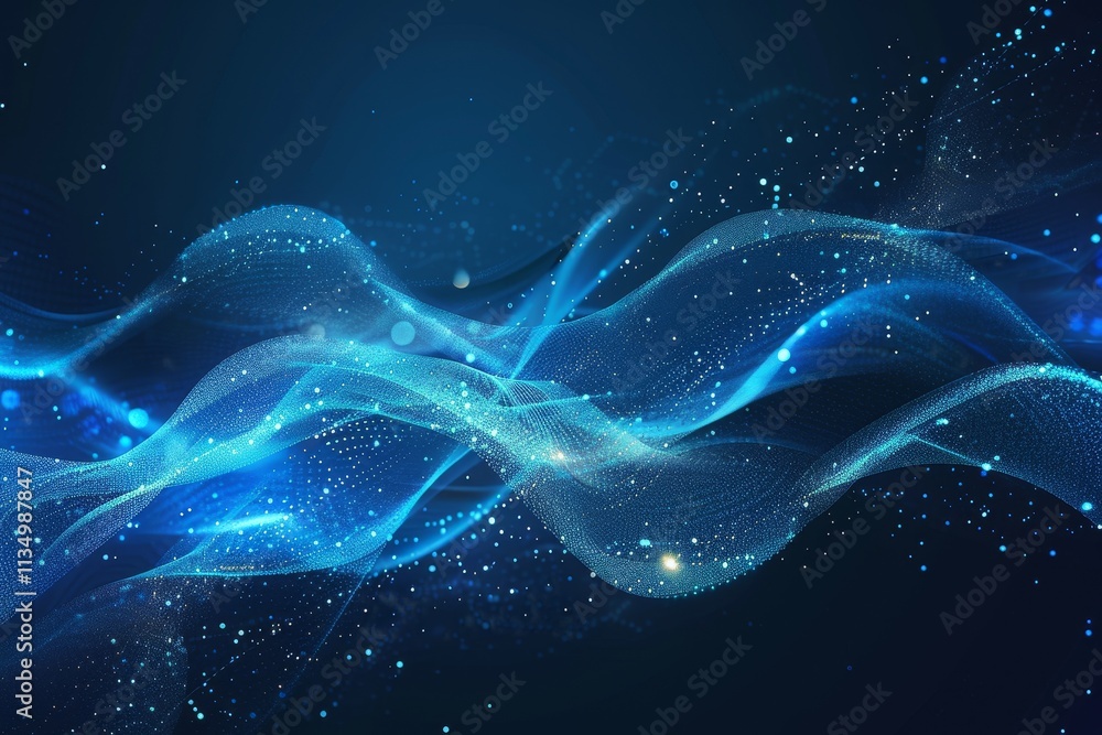 Poster this artwork showcases flowing waves in varying shades of blue, scattered with luminous particles, c