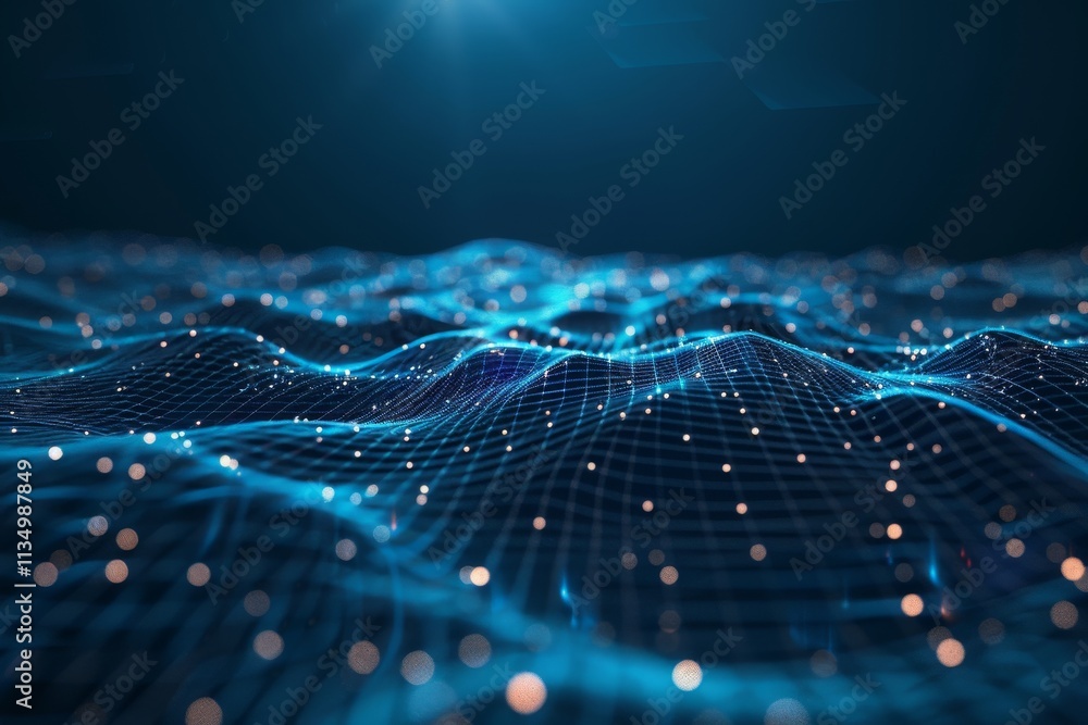 Poster the artwork features flowing digital waves highlighted by luminous particles, creating a captivating