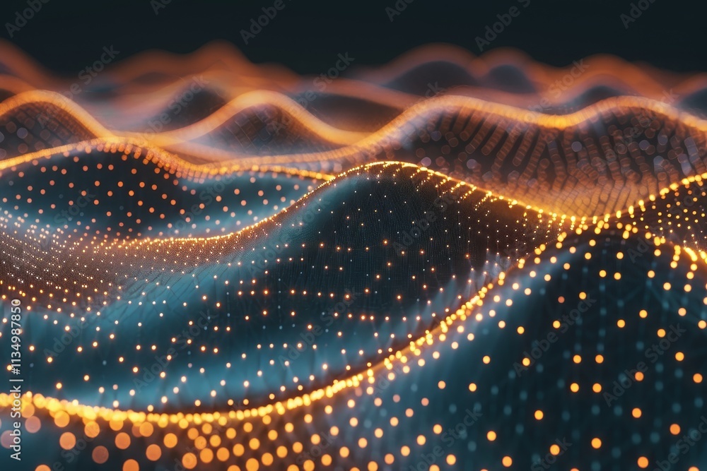 Poster glowing particles flow across undulating waves, creating an immersive digital landscape that evokes 