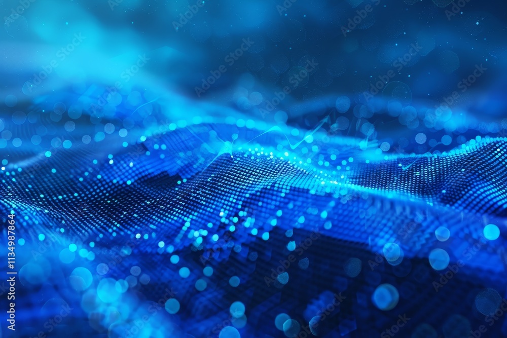 Poster the artwork showcases a mesmerizing digital ocean landscape bathed in blue light, featuring wave-lik