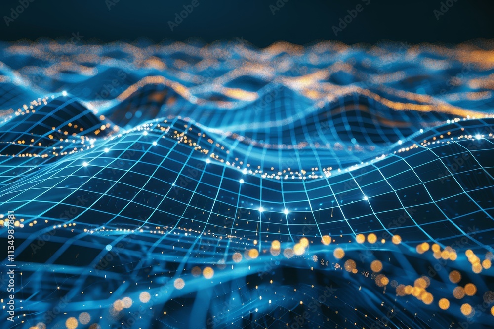 Poster a vibrant digital landscape displays undulating waves formed by interconnected lines and glowing par