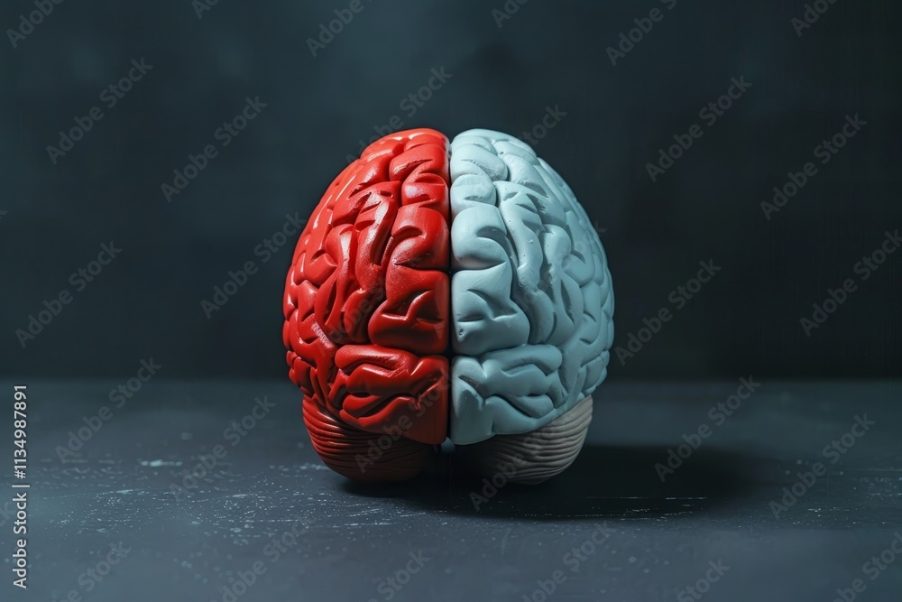 Poster a striking brain model divided into red and blue halves represents the left and right hemispheres, e