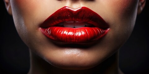 Obraz premium Glossy Woman Lips with a Stunning Shine Isolated Against a Dark Background, Showcasing Beauty and Elegance in Low Light Photography for High-Quality Stock Imagery