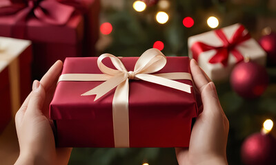 Christmas Gift in Hands: Close-up view of hands gently holding a beautifully wrapped crimson gift box tied with a creamy ribbon, set against the warm glow of a decorated Christmas tree and presents.