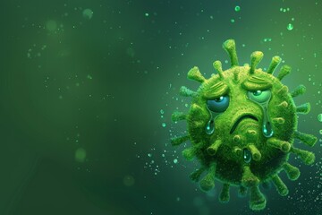 A detailed illustration portrays a virus character with a sorrowful expression, shedding tears, conveying deep emotions against a muted green backdrop, highlighting its human-like sadness.