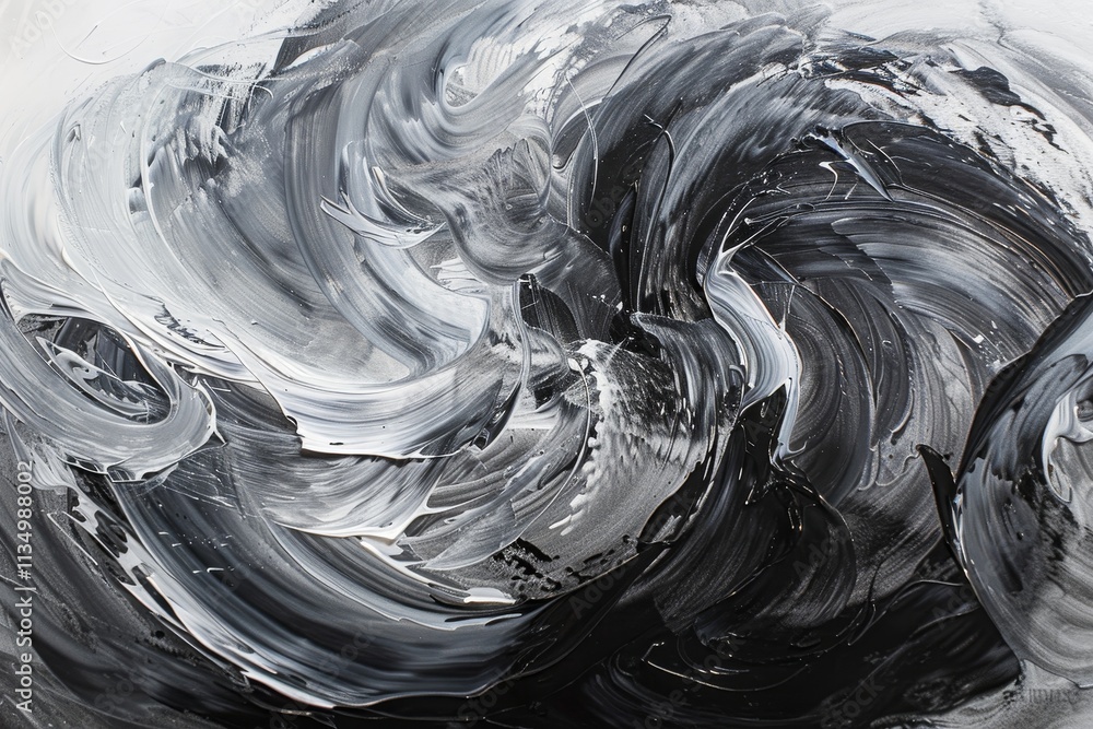 Poster thick black and white paint swirls together, creating an abstract design that showcases dynamic move
