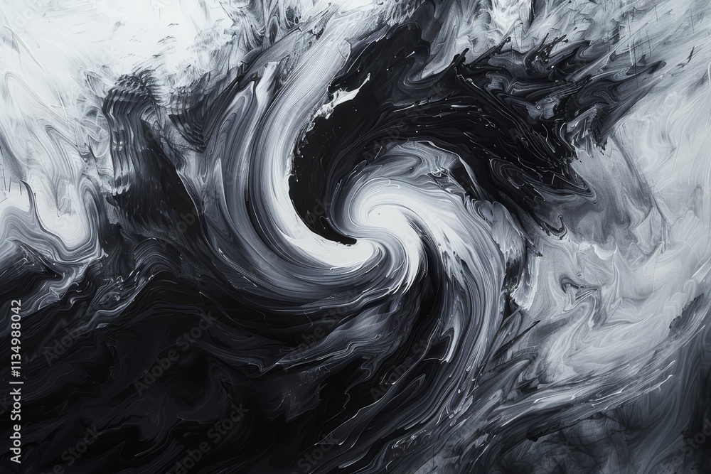 Poster a mesmerizing display of swirling black and white paint forms dynamic patterns that evoke a sense of