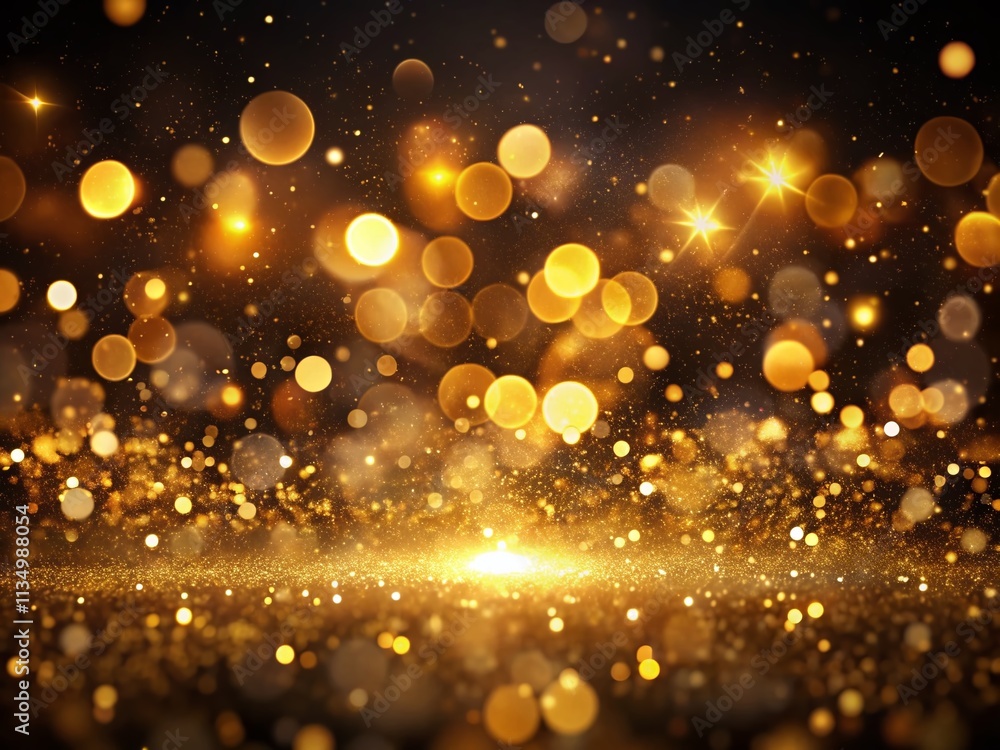 Poster glowing golden particles on a black background: magical bokeh effect creating a dreamy atmosphere fo