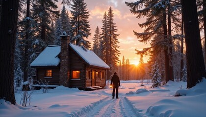 Snowy Forest Clearing at Sunset. Wooden Cabin with Smoke Rising from the Chimney. Person in Warm Winter Clothing Holding a Lantern