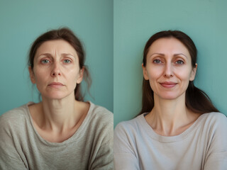  before and after of 50s woman face with wrinkles, cosmetic rejuvenation treatment looking younger